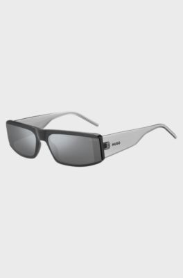Grey-acetate mask-style sunglasses with temple logo, Assorted-Pre-Pack
