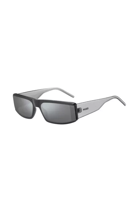 Grey-acetate mask-style sunglasses with temple logo