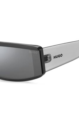 Grey-acetate mask-style sunglasses with temple logo, Assorted-Pre-Pack