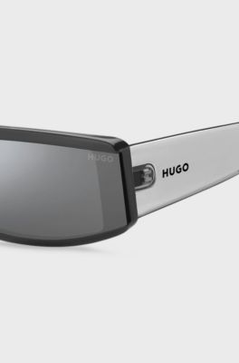 Grey-acetate mask-style sunglasses with temple logo, Assorted-Pre-Pack