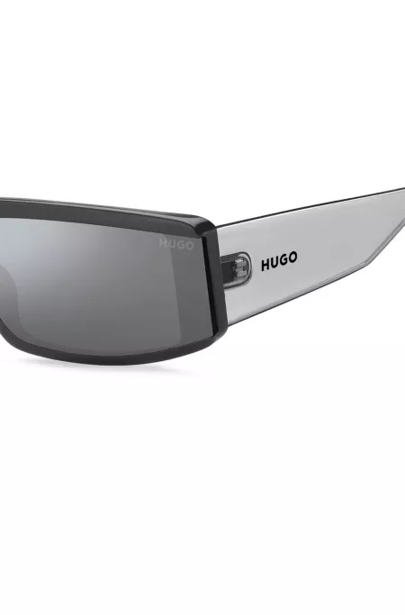 Grey-acetate mask-style sunglasses with temple logo