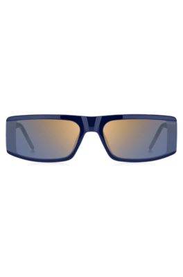 Blue-acetate mask-style sunglasses with temple logo, Blue