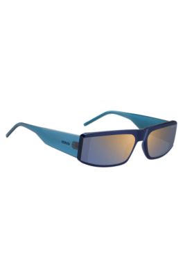 Blue-acetate mask-style sunglasses with temple logo, Blue