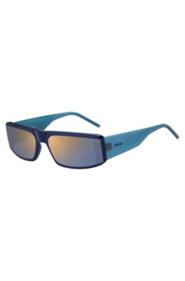 Blue-acetate mask-style sunglasses with temple logo, Blue