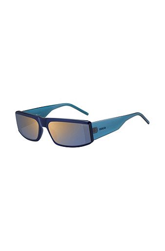Blue-acetate mask-style sunglasses with temple logo, Blue