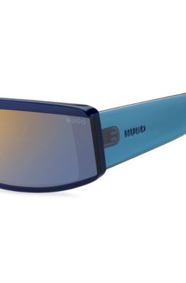 Blue-acetate mask-style sunglasses with temple logo, Blue
