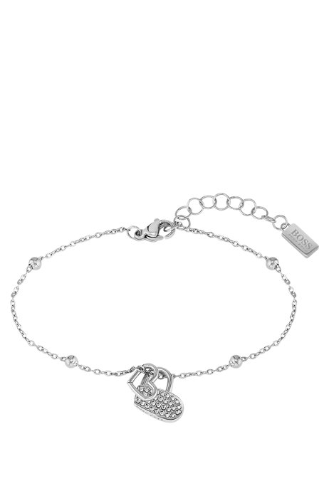 Twin-heart bracelet in stainless steel with crystal studs, Silver