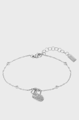 Twin-heart bracelet in stainless steel with crystal studs, Silver tone