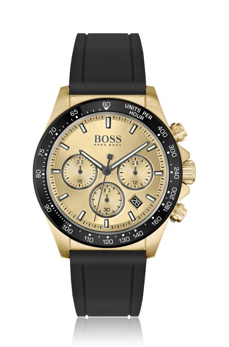 Gold-toned chronograph watch with black silicone strap, Assorted-Pre-Pack