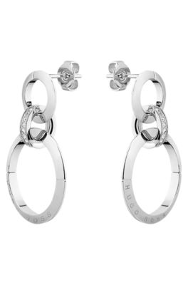 Twin-ring earrings with crystal-studded link, Silver tone
