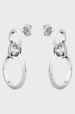 Twin-ring earrings with crystal-studded link, Silver tone