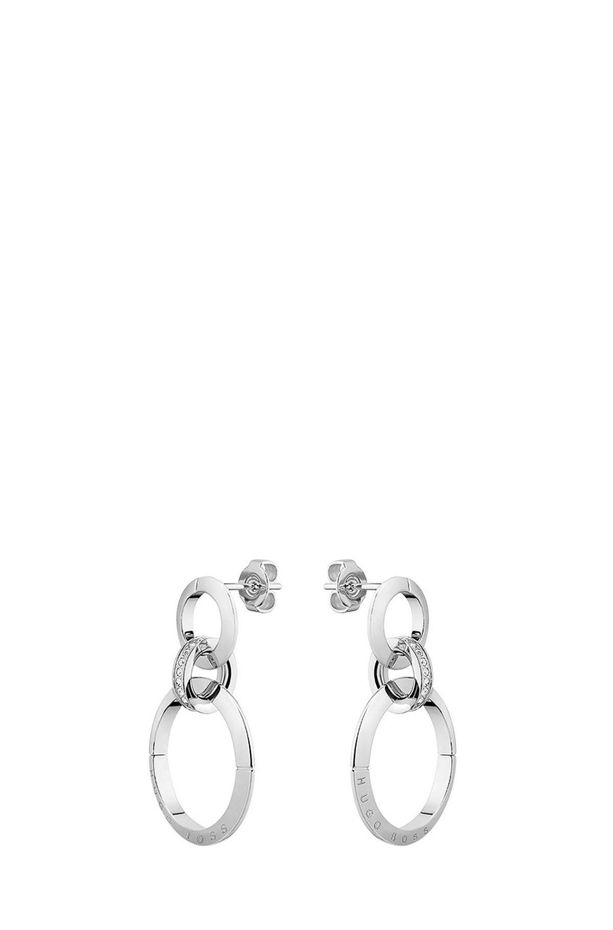 Twin-ring earrings with crystal-studded link, Silver