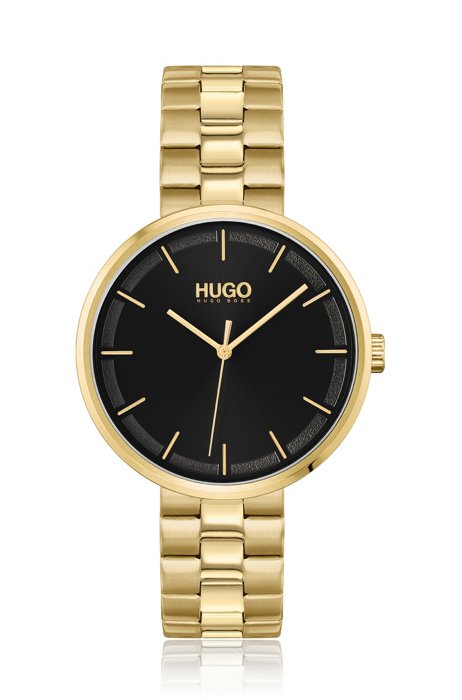 Black-dial watch in a yellow-gold finish, Gold
