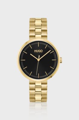 Black-dial watch in a yellow-gold finish, Gold