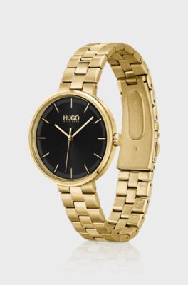 Black-dial watch in a yellow-gold finish, Gold