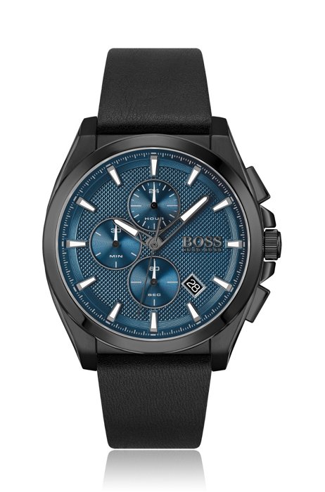 Black-plated chronograph watch with blue textured dial, Assorted-Pre-Pack