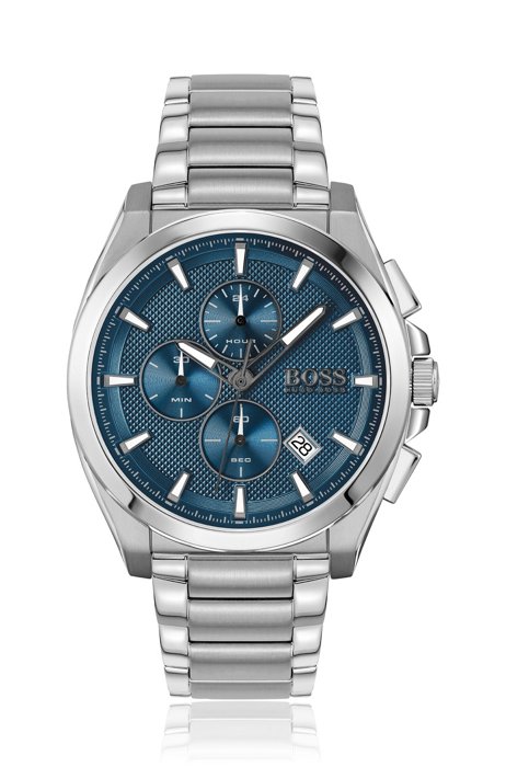 Stainless-steel chronograph watch with blue textured dial, Assorted-Pre-Pack