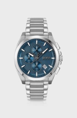Stainless-steel chronograph watch with blue textured dial, Silver