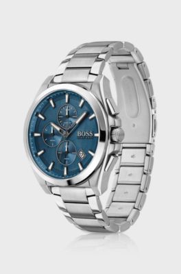 Stainless-steel chronograph watch with blue textured dial, Silver