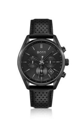 trog Spreek uit kolonie BOSS - Black-plated chronograph watch with perforated leather strap
