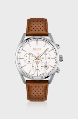 White-dial chronograph watch with perforated leather strap, Brown