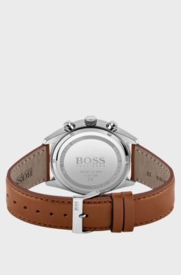 White-dial chronograph watch with perforated leather strap, Brown