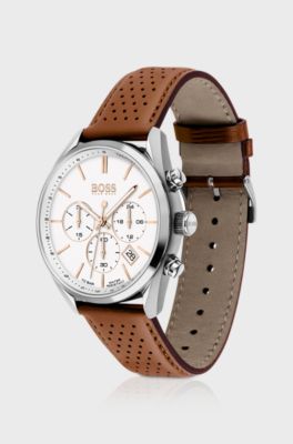 White-dial chronograph watch with perforated leather strap, Brown