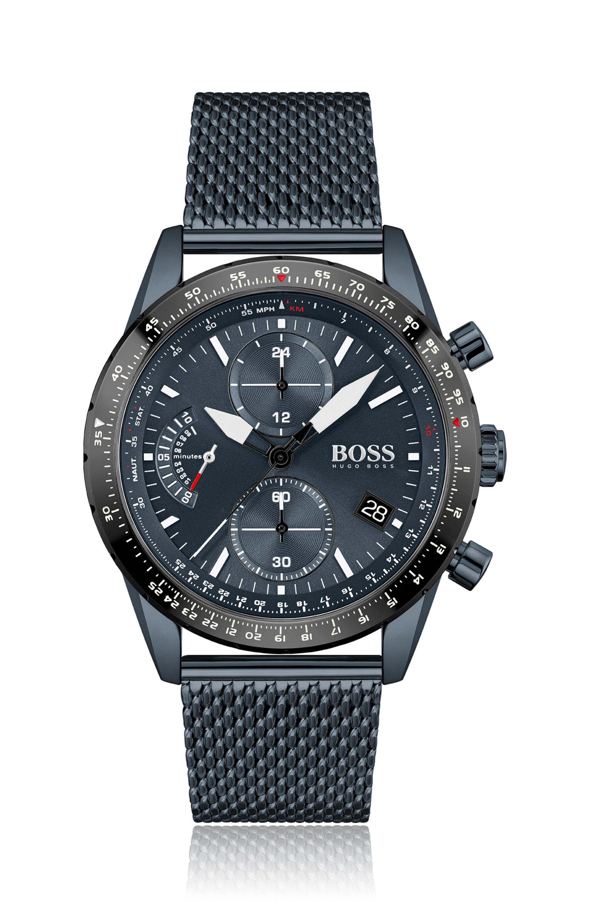 Montre chronographe en acier plaqué bleu, avec bracelet en maille milanaise, Assorted-Pre-Pack