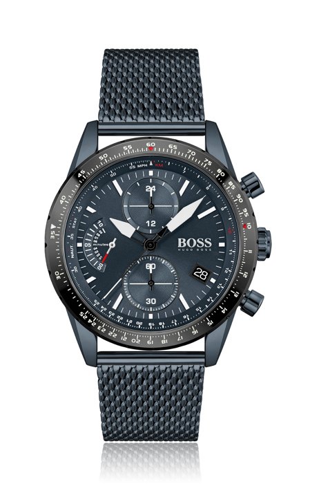 Montre chronographe en acier plaqué bleu, avec bracelet en maille milanaise, Assorted-Pre-Pack