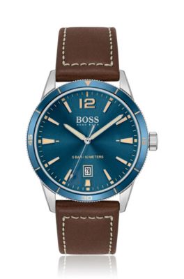 Blue-dial watch with leather strap, Brown