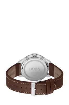 Blue-dial watch with leather strap, Brown