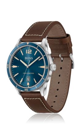Blue-dial watch with leather strap, Brown