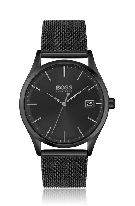 Schwarz beschichtete Uhr aus Edelstahl mit Mesh-Armband und schwarzem Zifferblatt, Schwarz
