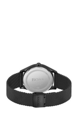 Black-plated watch with black dial and mesh bracelet, Black