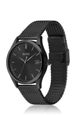 Black-plated watch with black dial and mesh bracelet, Black