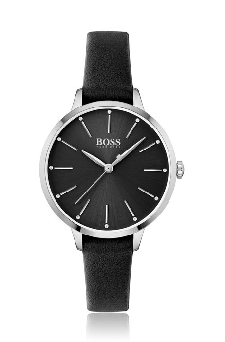 Black-dial watch with crystals and leather strap, Black