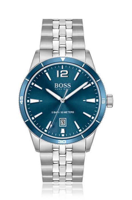 Uhr mit fünfgliedrigem Armband und blauem Zifferblatt, Silber
