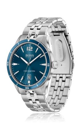 Blue-dial watch with five-link bracelet, Silver