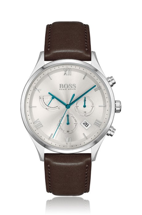 Leather-strap chronograph watch with silver-white dial, Brown