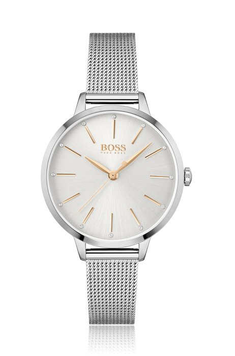 Mesh-bracelet watch with crystal-studded silver-white dial, Silver