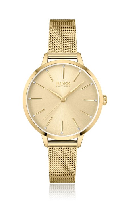 Gold-toned mesh bracelet watch with crystal accents, Gold