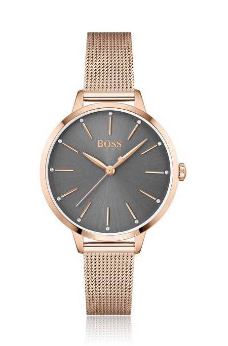 Carnation-gold-effect crystal-studded watch with mesh bracelet, Gold