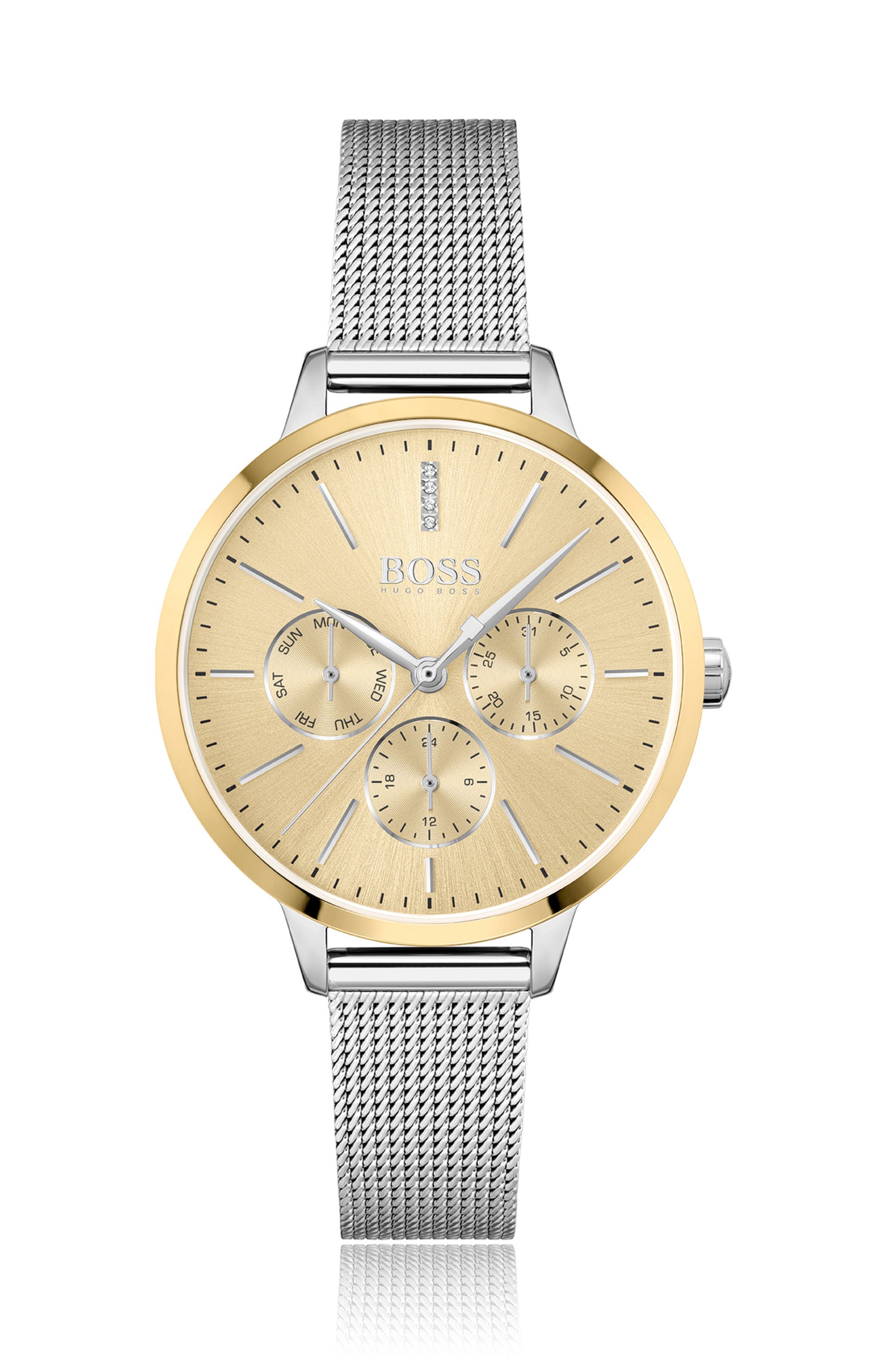 Horloge met goudkleurige wijzerplaat en lunette en polsband in meshlook, Zilver