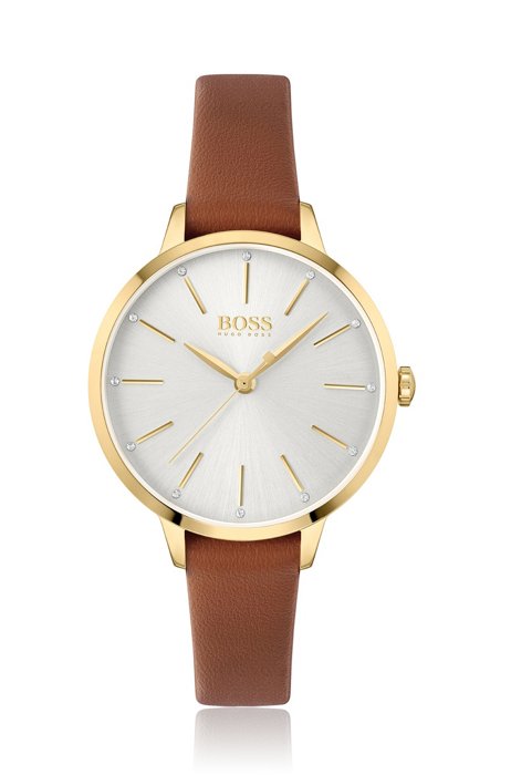 Gold-toned watch with crystal accents and leather strap, Brown