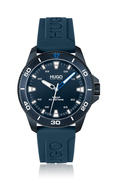 Blue-plated watch with branded silicone strap, Dark Blue