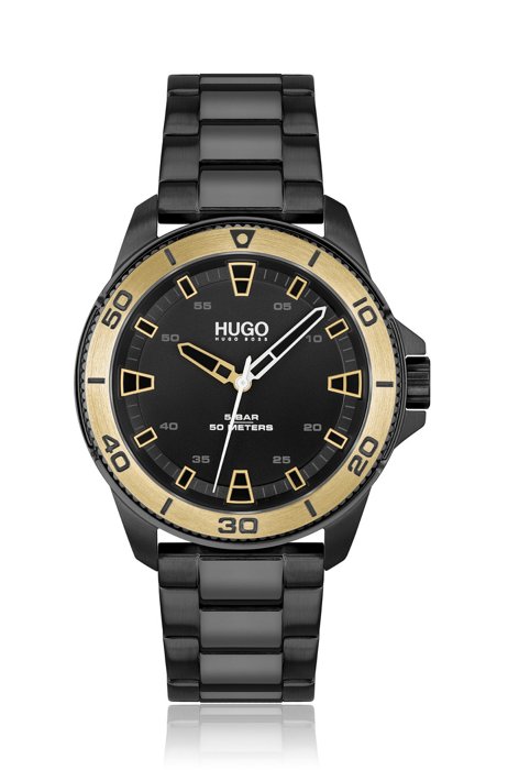 Black-plated watch with gold-toned bezel, Black
