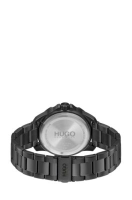 Black-plated watch with gold-toned bezel, Black