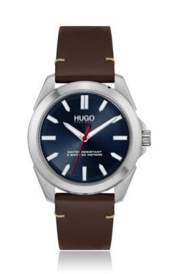 Brushed stainless-steel watch with blue dial and leather strap, Brown
