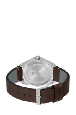 Brushed stainless-steel watch with blue dial and leather strap, Brown