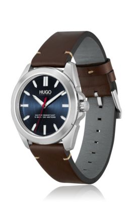 Brushed stainless-steel watch with blue dial and leather strap, Brown